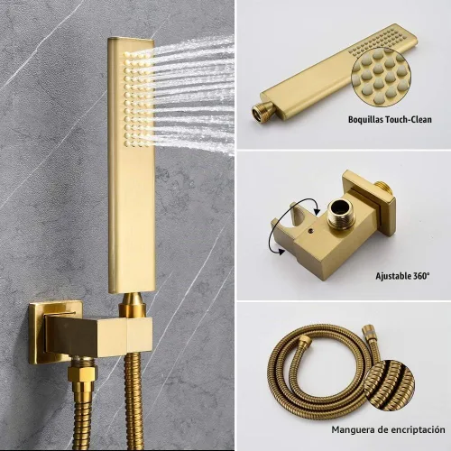 Vista 6 de Iriber Sistema de ducha de lluvia dorado cepillado con cabezal de ducha de 12 pulgadas y baño de mano, juego de ducha dorado que contiene grifo