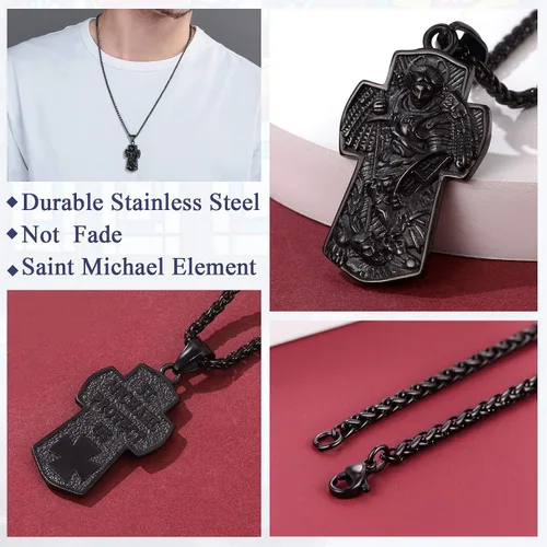 Vista 8 de FaithHeart - Collar de San Miguel, dije personalizado de protección del arcángel, para hombres y mujeres, acero inoxidablechapado en oro Medalla