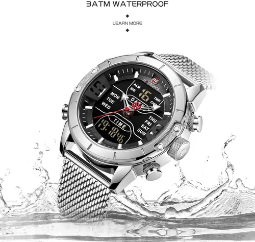 Vista 5 de Naviforce hombres reloj impermeable multifunción LED digital cuarzo relojes pulsera acero inoxidable malla correa