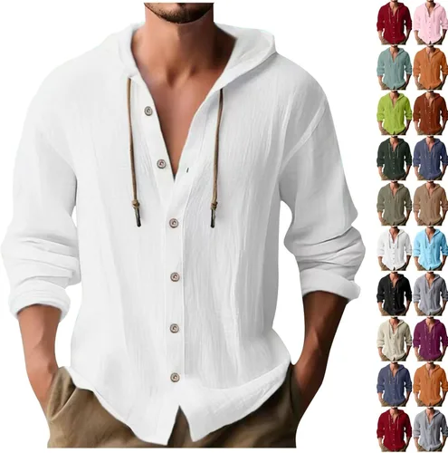 Vista 16 de Camisa de lino para hombre, casual, ligera, mexicana, guayabera, abotonada, playa, verano, sudadera con capucha y manga larga, camisa hawaiana