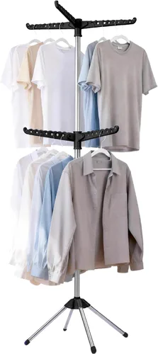 Vista 11 de Beaudaily Tendedero de secado de ropa, plegable, estante de secado de ropa interior de 59 pulgadas con 3 brazos giratorios, acero inoxidable Negro +