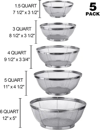 Vista 3 de Tiawudi Paquete de 5 coladores para cocina, colador de acero inoxidable 18/8, colador de malla fina para pasta, arroz y frutas, tamiz para colar