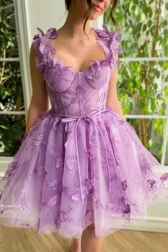 Vista 2 de Vestidos de fiesta cortos con apliques de encaje y mariposas 3D para adolescentes, de tul con tirantes delgados, vestidos de fiesta cortos