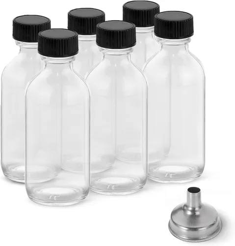 Vista 13 de Paquete de 6 botellas de vidrio ámbar de 2 onzas para extracto de vainilla, tarros redondos de vidrio marrón Boston a prueba de fugas con tapas