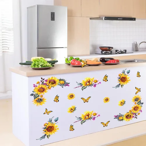 Vista 3 de Calcomanías de pared de girasol de acuarela, creativas calcomanías de pared de flores amarillas 3D, calcomanías de mariposa de sol para despegar