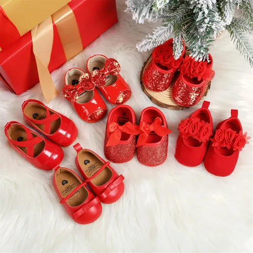 Vista 2 de Zapatos planos Mary Jane para bebé niña, con lazo brillante, vestido de princesa, zapatos de cuna antideslizantes para niños pequeños que caminan