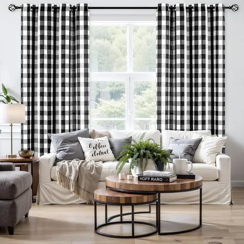Vista 5 de Jubilantex Paneles de Cortina Semitransparentes a Cuadros Buffalo Blanco y Negro, Cortinas Texturizadas a Cuadros Gingham, Cortinaje, Cortinas