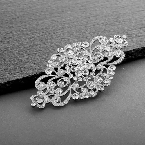 Vista 3 de Mariell Broche vintage de cristal para novia, 4 pulgadas de ancho, pin de boda de plata antigua, broche de diamantes de imitación para novias