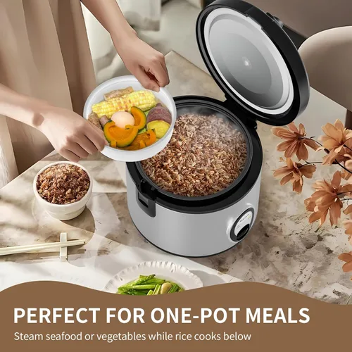 Vista 5 de Macook Arrocera de acero inoxidable con vaporizador, 4 tazas sin cocer (1.0L)/8 tazas cocidas, cocina eléctrica para granos y verduras, mantiene