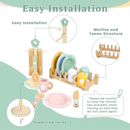Vista 2 de Accesorios de cocina de madera para niños pequeños de 3 años en adelante, 22 piezas de cocina para niños con lindo estante para cubiertos y estante