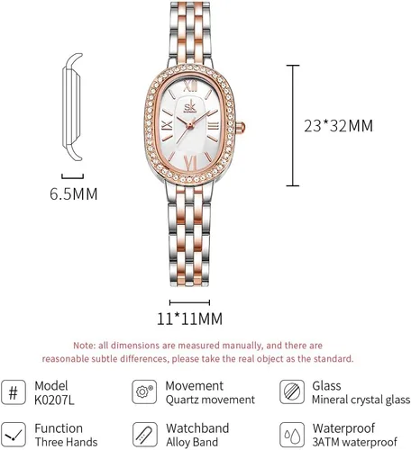 Vista 6 de SHENGKE SK - Reloj de pulsera de acero de aleación sólida con detalles de cristal ovalado para mujer