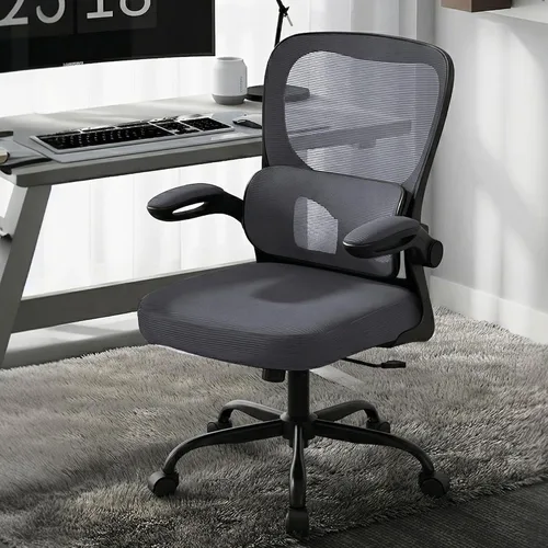 Vista 2 de Silla de oficina ergonómica, cómoda silla de escritorio con soporte lumbar ajustable, silla de computadora de malla con ruedas, reposabrazos