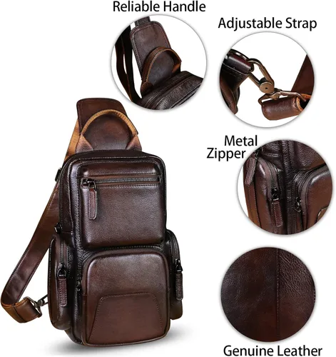 Vista 6 de IVTG Bolso de hombro de cuero genuino, mochila de viaje, mochila de senderismo, mochila casual, bolso de pecho vintage hecho a mano, mochila