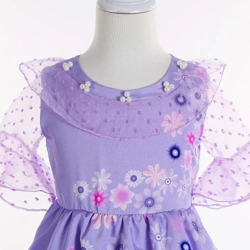Vista 10 de Disfraz de Mirabel de Encanto para niñas, disfraz de Isabella, disfraz de princesa de Halloween con aretes