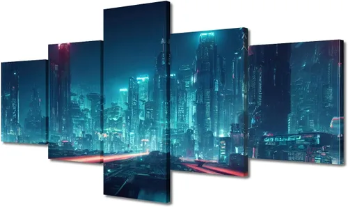 Vista 74 de Cuadros de 5 paneles de Cyberpunk City, arte de pared, representación de vallas publicitarias, edificios modernos en la capital con obras de arte