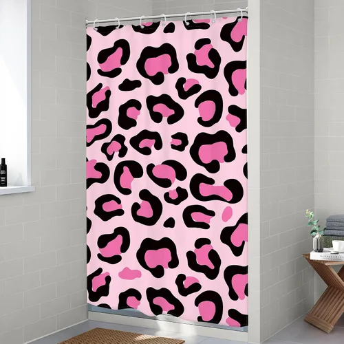 Vista 4 de Riyidecor Cortina de Ducha con Estampado de Leopardo Negro y Rosa Cabina Pequeña RV Estrecha Linda Femenina Moderna Trendy Simple Guepardo 36Wx72H
