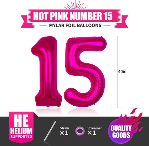 Vista 3 de Globo rosa intenso de 40 pulgadas con el número 15, decoraciones de globos de cumpleaños de 15 para niñas