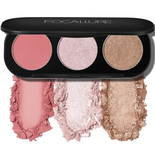 Vista 8 de FOCALLURE Paleta de rubor e iluminador, polvo de maquillaje 3 en 1, rubor mate libre de crueldad, iluminadores brillantes para un aspecto brillante