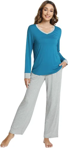 Vista 42 de NACHILA Women's Pajamas Set-Viscose Made from Bamboo, Long Sleeve Sleepwear Top with Pants Comfy Pajama Soft 2 Piece Pjs B-aqua Green