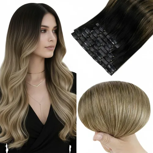 Vista 59 de Full Shine Extensiones de Cabello Rubio con Clip Reflejos Cabello Humano Extensiones con Clip Rubio Ceniza Mezcla Rubio Decolorado PU Extensiones