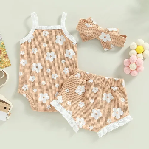Vista 4 de Mubineo Conjunto de 3 piezas para bebé niña, estilo bohemio, overol, pantalones cortos, diadema