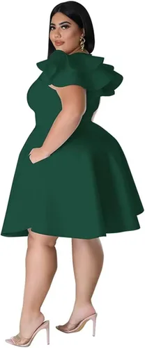 Vista 2 de C.AMOUR Womens Plus Size Swing Dress Short Ruffle Sleeve Round Neck Wedding Party Cocktail Dresses with Pockets