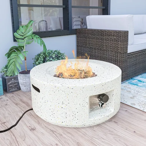 Vista 2 de HOMPUS Fogata de propano para exteriores, 40,000 BTU de 28 pulgadas, mesa redonda de hormigón de terrazo blanco con rocas de lava y cubierta