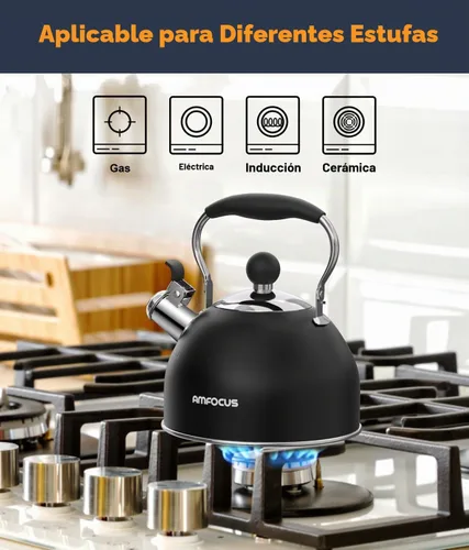 Vista 5 de Hervidor de té, hervidor de té silbante de acero inoxidable de 2 cuartos, tetera silbante para estufa con mango plegable ergonómico, tetera pequeña