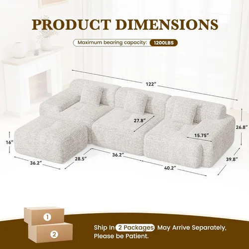 Vista 2 de Sofá modular convertible en forma de L de 122", sofá seccional tipo nube con otomán, sofás de chenilla sin estructura de 4 plazas para sala de Beige