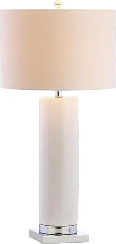Vista 7 de JONATHAN Y Lámpara de mesa de cerámica negra y cromada de 31.5 pulgadas con base cromada para sala de estar, pantalla de tambor de lino blanco