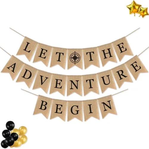 Vista 5 de SWYOUN Cartel de arpillera con texto en inglés «Let the Adventure Begin», suministros para fiestas temáticas de viaje, baby shower, graduación