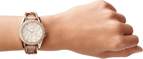 Vista 6 de Fossil Riley - Reloj para mujer con detalles de cristal y pulsera de acero inoxidable, Oro rosa, bronceado, Movimiento de cuarzo