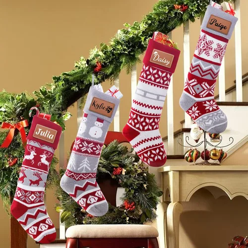 Vista 3 de Dreamdecor - Medias de Navidad personalizadas con nombre y monogramas, medias familiares de 18 pulgadas con placa de cuero para niños, 1 paquete