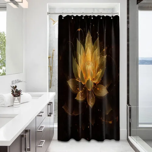 Vista 11 de Cortina de ducha con flores de loto negro y azul para decoración de baño, juego de cortinas decorativas de baño con estampado floral, tela