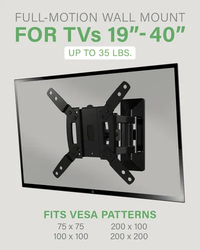 Vista 2 de SANUS Soporte de pared para TV de movimiento completo para pantallas de 19 a 40 pulgadas, diseño de un solo perno inclinado, gira y se extiende