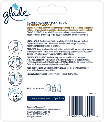 Vista 2 de Glade PlugIns - Recambios de ambientador, aceite perfumado para el hogar y el baño, maderas de cachemira, 1.34 onzas, paquete de 3