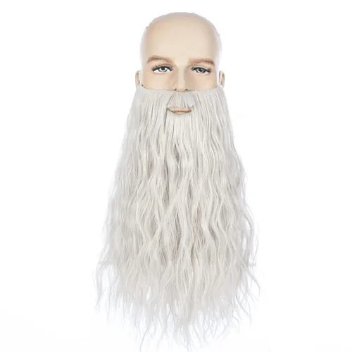 Vista 5 de MAN SI Pelucas y barba grises plateadas, peluca larga ondulada de mago para hombres, peluca de disfraz de Halloween