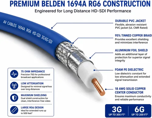 Vista 3 de AV-Cables Cable BNC SDI 3G/6G HD de 100 pies - Belden 1694a RG6 - Azul