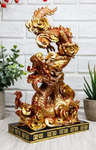Vista 9 de Ebros Gift Estatua decorativa del rey dragón dorado con base de pedestal negro de 10.25 pulgadas de alto, estatua oriental legendaria de Yin Yang