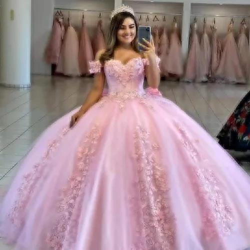 Vista 4 de Loyeloy Vestidos de quinceañera con hombros descubiertos para niñas, vestidos de baile hinchados con flores 3D para adolescentes, vestidos de fiesta