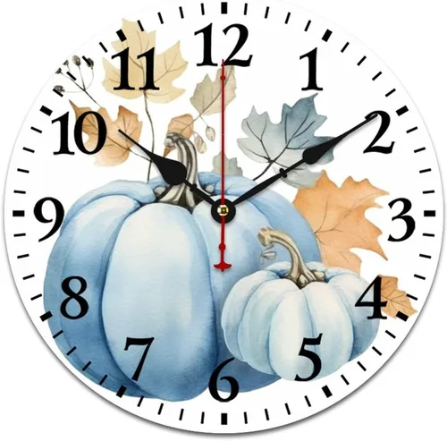 Vista 15 de Reloj de pintura de tinta acuarela amarillo verde calabazas hojas redondo creativo reloj decorativo sin tictac Acción de Gracias o Halloween reloj