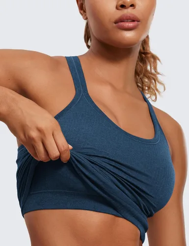 Vista 3 de CRZ YOGA Camiseta sin mangas acanalada sin costuras para mujer con brasier integrado, cuello redondo acolchado, adelgazante, atlética, larga