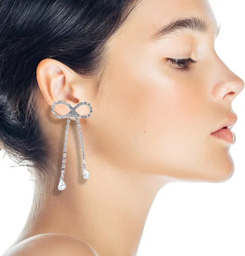 Vista 7 de Pendientes de diamantes de imitación hipoalergénicos para mujer, aretes colgantes de lazo de cristal de moda