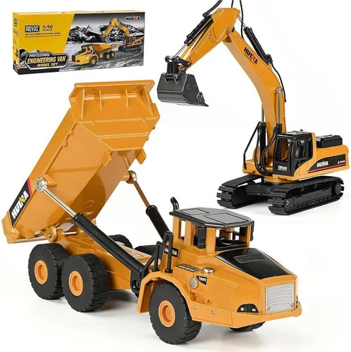 Vista 10 de Retroexcavadora, excavadora, camión, juguetes para niños, 1/50, construcción de vehículos de ingeniería de metal, tractor, colección de modelos