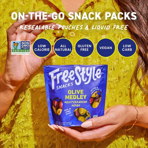 Vista 5 de Freestyle Snacks Paquetes de aceitunas para aperitivo - Como se vio en Shark Tank - Aceitunas verdes y Kalamata frescas sin hueso, 5 sabores