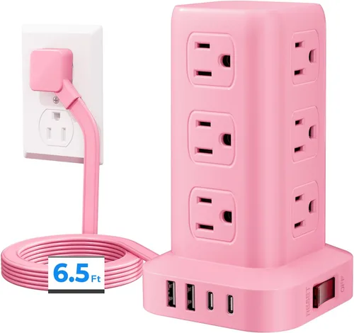 Vista 21 de Regleta de alimentación con 12 tomas, 4 USB (1 USB C), cable de extensión de 6.5 pies con múltiples tomas, estación de carga, torre de regleta