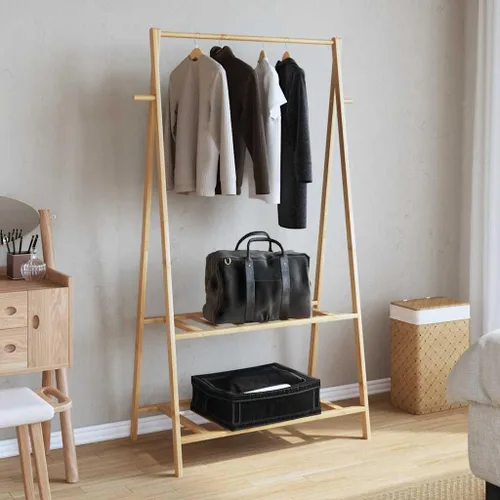 Vista 3 de Bamboo Clothing Rack, Varnished Finish, Adjustable Shelves, Foldable Garment Hanger for Bedroom Storage