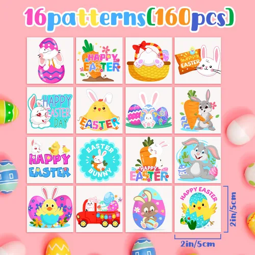 Vista 2 de Relleno de cesta de Pascua para niños, 160 tatuajes temporales de Pascua para niños, calcomanías de tatuaje falsas de 2 pulgadas, rellenos de bolsas