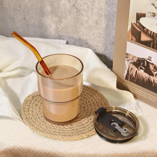 Vista 8 de Tumbler de Vidrio para Agua de 15 oz Juego de 2 Vasos de Café Helado Color Ámbar, Tumbler de Vidrio Matcha con Pajita y Tapa Tumbler Reutilizable