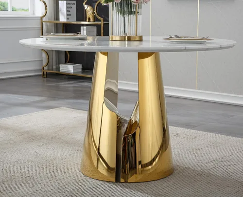 Vista 2 de SSLine Mesa de comedor redonda de mármol sintético blanco para 4-6, mesa de Mesa de oro blanco
